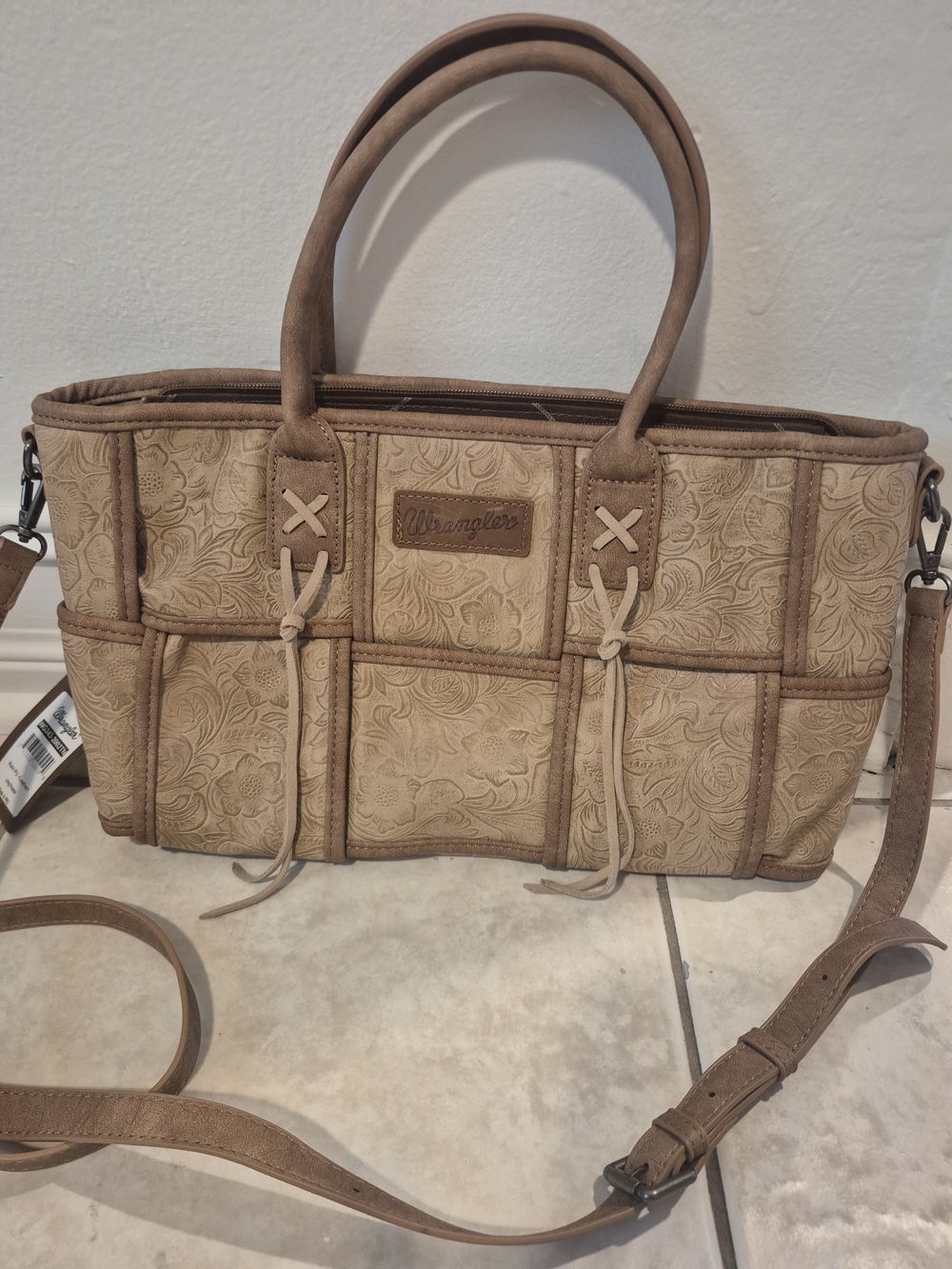 NWT Wrangler Tan Floral Embossed Tote with Removable Strap